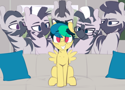 Size: 1835x1319 | Tagged: safe, artist:shinodage, oc, oc only, oc:apogee, pegasus, pony, zebra, :o, bedroom eyes, cute, eye clipping through hair, eyes on the prize, female, filly, freckles, glasses, grin, lidded eyes, looking at you, male, meme, meme origin, open mouth, pillow, piper perri surrounded, sitting, smiling, smirk, sofa, squee, stallion, this will end in degeneracy, this will end in pregnancy, zebradom