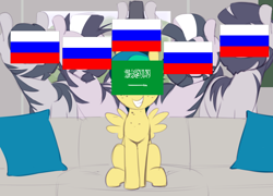 Size: 1280x920 | Tagged: safe, artist:shinodage, derpibooru exclusive, edit, oc, oc only, oc:apogee, pegasus, pony, zebra, :o, bedroom eyes, cute, eqg flag-tag meme, eyes on the prize, female, filly, flag, football, freckles, glasses, grin, lidded eyes, looking at you, male, meme, open mouth, pillow, piper perri surrounded, russia, saudi arabia, sitting, smiling, smirk, sofa, squee, stallion, world cup, world cup 2018