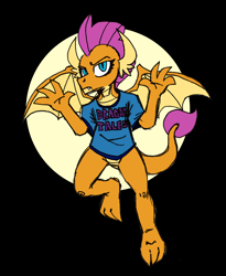 Size: 1816x2217 | Tagged: safe, artist:wootmaster, derpibooru exclusive, smolder, dragon, black background, clothes, dragon tales, dragoness, female, flying, shirt, simple background, solo, spotlight