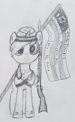 Size: 1876x3024 | Tagged: safe, artist:osha, oc, oc:blueberry jay, unicorn, american civil war, army, clothes, female, flag, freckles, gun, maine, mare, musket, pencil drawing, rifle, traditional art, uniform, weapon