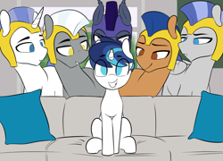 Size: 1835x1319 | Tagged: safe, artist:shinodage, edit, shining armor, bat pony, pegasus, pony, unicorn, armor, bedroom eyes, eyes on the prize, implied gay, male, meme, night guard, pillow, piper perri surrounded, royal guard, sitting, smiling, sofa