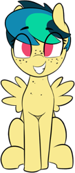 Size: 429x983 | Tagged: safe, artist:shinodage, edit, editor:squeaky-belle, oc, oc:apogee, pegasus, pony, adorable face, background removed, cute, female, filly, freckles, grin, looking at you, mare, ocbetes, simple background, smiling, solo, spread wings, squee, transparent background, wings, yellow