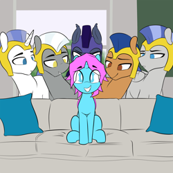 Size: 4000x4000 | Tagged: safe, artist:shinodage, edit, edited edit, editor:wumbl3, oc, oc:chroma wave, alicorn, bat pony, bat pony alicorn, earth pony, pegasus, pony, unicorn, armor, bedroom eyes, eyes on the prize, femboy, grin, helmet, lidded eyes, male, meme, night guard, pillow, piper perri surrounded, royal guard, sitting, smiling, sofa, squee, stallion, window