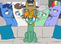 Size: 1835x1319 | Tagged: safe, artist:shinodage, edit, bow hothoof, firecracker burst, gentle breeze, hondo flanks, igneous rock pie, night light, earth pony, pegasus, pony, unicorn, eyes on the prize, female, hat, male, pillow, piper perri surrounded, smiling, sofa, straight