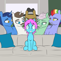 Size: 4000x4000 | Tagged: safe, artist:shinodage, edit, editor:wumbl3, bow hothoof, gentle breeze, hondo flanks, igneous rock pie, night light, oc, oc:chroma wave, alicorn, bat pony, bat pony alicorn, earth pony, pegasus, pony, unicorn, eyes on the prize, femboy, hat, male, meme, pillow, piper perri surrounded, sitting, smiling, sofa