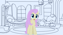 Size: 1672x943 | Tagged: safe, artist:tiarawhy, fluttershy, pegasus, pony, downloadable, female, fluttershy's cottage, mare, open mouth, pony waifu sim, sketch, smiling, solo, style emulation, wip