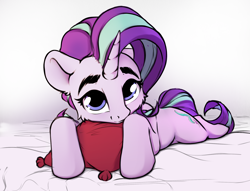 Size: 2056x1574 | Tagged: safe, artist:hitbass, starlight glimmer, pony, unicorn, cute, female, glimmerbetes, looking at you, mare, pillow, simple background, solo, white background