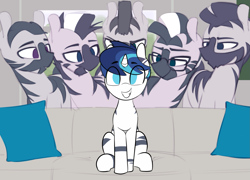 Size: 1835x1319 | Tagged: safe, artist:shinodage, edit, edited edit, shining armor, pony, unicorn, zebra, bedroom eyes, bodypaint, edit of an edit of an edit, eyes on the prize, implied gay, male, meme, night guard, pillow, piper perri surrounded, royal guard, sitting, smiling, sofa, striped, zebra supremacy, zebradom