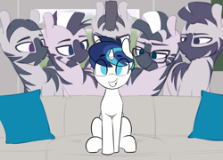 Size: 1835x1319 | Tagged: safe, artist:shinodage, edit, edited edit, shining armor, pony, unicorn, zebra, bedroom eyes, edit of an edit of an edit, eyes on the prize, implied gay, male, meme, pillow, piper perri surrounded, sitting, smiling, sofa, zebradom