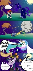 Size: 648x1391 | Tagged: safe, artist:bunnimation, pipsqueak, princess celestia, princess luna, twilight sparkle, alicorn, earth pony, pony, unicorn, bitchlestia, colt, comic, crying, female, male, mare, moon, nightmare night, photoshop, to the moon, vulgar