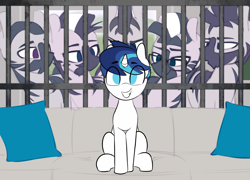 Size: 1835x1319 | Tagged: safe, artist:shinodage, edit, edited edit, shining armor, pony, unicorn, zebra, edit of an edit of an edit, implied gay, jail cell, male, pillow, piper perri surrounded, sitting, smiling, sofa