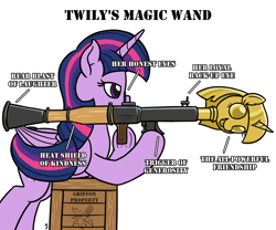 Size: 1280x1067 | Tagged: safe, artist:mkogwheel, twilight sparkle, twilight sparkle (alicorn), alicorn, pony, meme, parody, ponified meme, rpg-7, scepter, simple background, solo, twilight scepter, weapon, white background