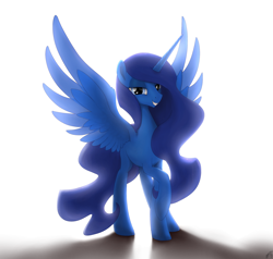 Size: 2100x2000 | Tagged: safe, artist:brisineo, oc, oc only, oc:eos, alicorn, pony, fallout equestria, fallout equestria: broken bonds, alicorn oc, artificial alicorn, backlighting, bedroom eyes, blue alicorn (fo:e), fanfic, fanfic art, female, grin, hooves, horn, lens flare, looking at you, mare, raised hoof, simple background, smiling, solo, spread wings, teeth, transparent wings, white background, wings