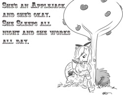 Size: 825x638 | Tagged: safe, artist:bunnimation, applejack, earth pony, pony, axe, clothes, crossover, dress, fancy, female, hilarious in hindsight, lumberjack song, mare, monochrome, monty python, photoshop, simple background, solo, text, tree, white background