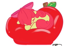 Size: 638x452 | Tagged: safe, artist:bunnimation, apple bloom, earth pony, pony, adorabloom, apple, bed, cute, female, filly, photoshop, simple background, sleeping, solo, white background