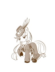 Size: 638x825 | Tagged: safe, artist:bunnimation, applejack, earth pony, pony, classy, clothes, dress, feather, female, mare, monochrome, photoshop, simple background, solo, steampunk, watch, white background