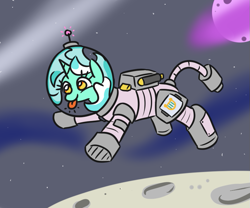 Size: 797x662 | Tagged: safe, artist:jargon scott, lyra heartstrings, pony, unicorn, :p, astronaut, crater, cutie mark, cutie mark clothes, cutie mark clothing, female, floating, horn, mare, moon, multicolored hair, planet, raspberry, science fiction, solo, space, spacesuit, tongue out