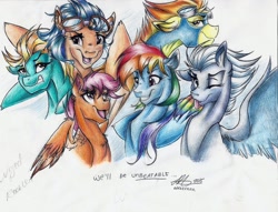 Size: 1024x782 | Tagged: safe, artist:alexacana, indigo zap, lightning dust, night glider, rainbow dash, scootaloo, spitfire, pegasus, pony, clothes, equestria girls ponified, goggles, ponified, traditional art, uniform, wonderbolts uniform