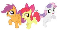 Size: 938x500 | Tagged: safe, artist:empty-10, apple bloom, scootaloo, sweetie belle, earth pony, pegasus, pony, unicorn, cutie mark crusaders, female, filly, photoshop, simple background, trio, white background