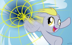 Size: 1440x900 | Tagged: safe, artist:empty-10, derpy hooves, pegasus, pony, female, flying, mare, motion blur, photoshop, smiling, solo, sonic rainboom, sonic xboom, wormhole