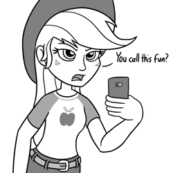 Size: 1280x1280 | Tagged: safe, artist:mkogwheel, applejack, better together, equestria girls, rollercoaster of friendship, applejack is not amused, cellphone, monochrome, phone, scene interpretation, selfie, smartphone, solo, unamused