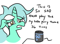 Size: 553x405 | Tagged: safe, artist:jargon scott, lyra heartstrings, pony, unicorn, alexa, alexa play despacito, amazon echo, bust, crying, dialogue, female, grief, mare, meme, music, my little pony, raspberry noise, sad, simple background, teary eyes, theme song, this is so sad, white background