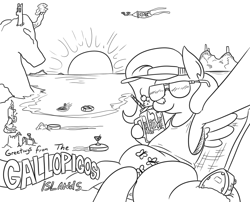 Size: 1268x1026 | Tagged: safe, artist:jargon scott, fluttershy, queen chrysalis, changeling, changeling queen, pegasus, pony, alcohol, beach, beach chair, black and white, description is relevant, drone, dronesalis, female, food, grayscale, greeting, hat, ice cream, mare, martini, monochrome, ocean, roomba, roombashy, sandcastle, selfie, simple background, sitting, snorkel, sunglasses, sunscreen, sunset, vacation, visor, white background