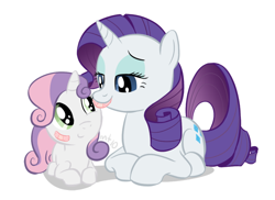 Size: 600x436 | Tagged: safe, artist:empty-10, rarity, sweetie belle, pony, unicorn, bandaid, female, filly, first aid, injured, mare, photoshop, prone, simple background, white background