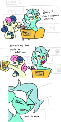 Size: 852x1707 | Tagged: safe, artist:jargon scott, bon bon, lyra heartstrings, sweetie drops, earth pony, pony, unicorn, comic, crying, dialogue, duo, female, hoof hold, mare, reality ensues, shop, shopping