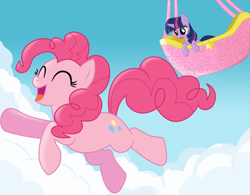 Size: 1200x936 | Tagged: dead source, safe, artist:volmise, pinkie pie, twilight sparkle, earth pony, pony, unicorn, falling, female, hot air balloon, jumping, mare, twinkling balloon