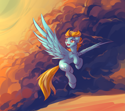 Size: 2387x2112 | Tagged: safe, artist:dragonataxia, lightning dust, pegasus, pony, cloud, female, flying, high res, mare, sky, solo