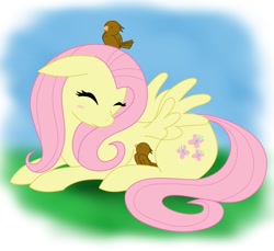 Size: 1000x915 | Tagged: dead source, safe, artist:volmise, fluttershy, bird, pegasus, pony, blushing, eyes closed, female, floppy ears, mare, photoshop, prone, solo