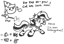 Size: 737x507 | Tagged: safe, artist:jargon scott, oc, oc:panne, zebra, dialogue, female, hat, monochrome, species swap, wand, witch hat, woosh, zebrafied, zeeb