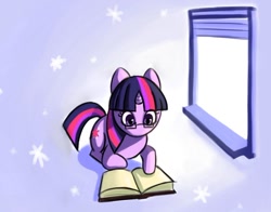 Size: 900x705 | Tagged: dead source, safe, artist:ninjaham, twilight sparkle, pony, unicorn, acdsee, book, female, glasses, mare, prone, reading, solo, window