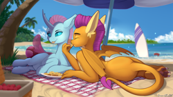 Size: 1920x1080 | Tagged: safe, artist:discordthege, ocellus, smolder, changedling, changeling, dragon, pony, beach, claws, cookie, cute, diaocelles, dragoness, eating, female, food, lesbian, mouth hold, paw pads, paws, picnic, shipping, smolcellus, smolderbetes, teenaged dragon, teenager, underpaw