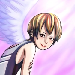 Size: 1300x1300 | Tagged: dead source, safe, artist:ninjaham, rainbow dash, human, acdsee, blushing, female, humanized, looking at you, smiling, solo, winged humanization, wings