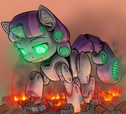 Size: 701x636 | Tagged: safe, artist:alloyrabbit, sweetie belle, sweetie bot, pony, robot, unicorn, blank flank, burning, destruction, equestria, female, filly, fire, foal, giant pony, giantess, hooves, horn, implied death, macro, mecha, ponyville, solo