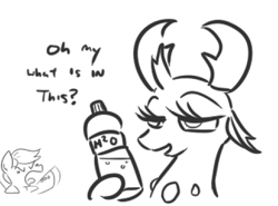 Size: 492x365 | Tagged: safe, artist:jargon scott, thorax, changedling, changeling, pony, alex jones, angry, bedroom eyes, bottle, bust, dialogue, duo, frown, girly, glare, grayscale, hoof hold, king thorax, lidded eyes, lineart, male, monochrome, open mouth, ponified, simple background, smiling, stallion, tongue out, water, white background, yelling