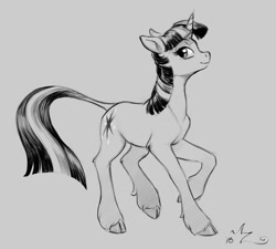 Size: 900x810 | Tagged: safe, artist:amarynceus, twilight sparkle, unicorn twilight, classical unicorn, pony, unicorn, cloven hooves, female, gray background, grayscale, leonine tail, mare, monochrome, raised hoof, realistic horse legs, simple background, solo, unshorn fetlocks