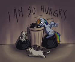 Size: 1100x900 | Tagged: dead source, safe, artist:ninjaham, rainbow dash, cat, pegasus, pony, acdsee, crying, female, homeless, hungry, lonely, mare, sad, solo, trash, trash can