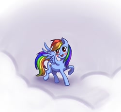 Size: 1300x1200 | Tagged: dead source, safe, artist:ninjaham, rainbow dash, pegasus, pony, acdsee, blushing, cloud, cutie mark, female, happy, hooves, mare, on a cloud, open mouth, raised hoof, solo, spread wings, standing on cloud, wings