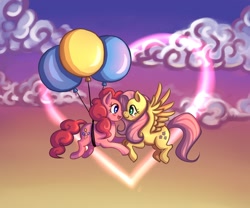Size: 1500x1250 | Tagged: dead source, safe, artist:ninjaham, fluttershy, pinkie pie, earth pony, pegasus, pony, acdsee, balloon, blushing, cloud, crying, cute, diapinkes, eye contact, female, floating, flutterpie, flying, happy, heart, lesbian, looking at each other, mare, shipping, shyabetes, tears of joy, then watch her balloons lift her up to the sky