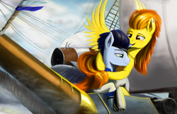 Size: 2540x1634 | Tagged: safe, artist:discordthege, soarin', spitfire, pegasus, pony, airship, clothes, ear bite, ear piercing, earring, eyepatch, female, hat, hug, jewelry, male, mare, necklace, nom, piercing, ship, shipping, soarinfire, stallion, steampunk, straight