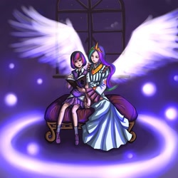 Size: 1500x1500 | Tagged: dead source, safe, artist:ninjaham, princess celestia, twilight sparkle, human, acdsee, alternate hairstyle, book, clothes, dress, duo, duo female, female, humanized, night, short hair, sitting, skirt, winged humanization, wings