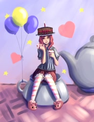 Size: 1275x1650 | Tagged: source needed, useless source url, safe, artist:ninjaham, pinkie pie, human, acdsee, balloon, cake, cupcake, female, hat, humanized, sitting, solo