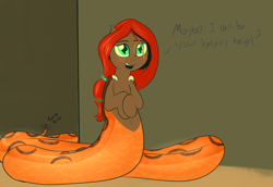 Size: 1450x1000 | Tagged: safe, artist:cosmonaut, derpibooru import, oc, oc only, oc:adera, bat pony, lamia, original species, snake, dialogue, monster mare, rattlesnake, solo