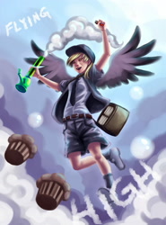 Size: 1275x1725 | Tagged: dead source, safe, artist:ninjaham, derpy hooves, human, acdsee, bong, drugs, female, flying, humanized, mail, mailmare, muffin, pun, skinny, solo, winged humanization, wings