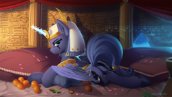 Size: 1920x1080 | Tagged: safe, artist:discordthege, princess luna, alicorn, pony, alternate hairstyle, arabic, bed, bedroom eyes, egyptian, female, frog (hoof), glowing horn, hieroglyphics, lidded eyes, looking at you, looking back, lunambula, lying, mare, moonbutt, music notes, plot, prone, s1 luna, solo, underhoof, white lotus tile, wingding eyes