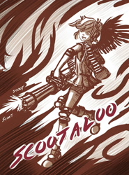 Size: 1275x1725 | Tagged: dead source, safe, artist:ninjaham, scootaloo, human, acdsee, female, gun, humanized, minigun, monochrome, solo, weapon, winged humanization, wings