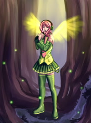 Size: 1275x1725 | Tagged: dead source, safe, artist:ninjaham, fluttershy, human, acdsee, clothes, crossover, female, humanized, singing, skinny, skirt, solo, vocaloid, winged humanization, wings